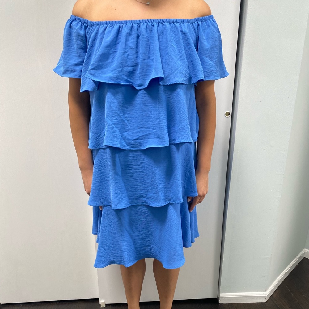 Off the Shoulder Blue Ruffle Dress